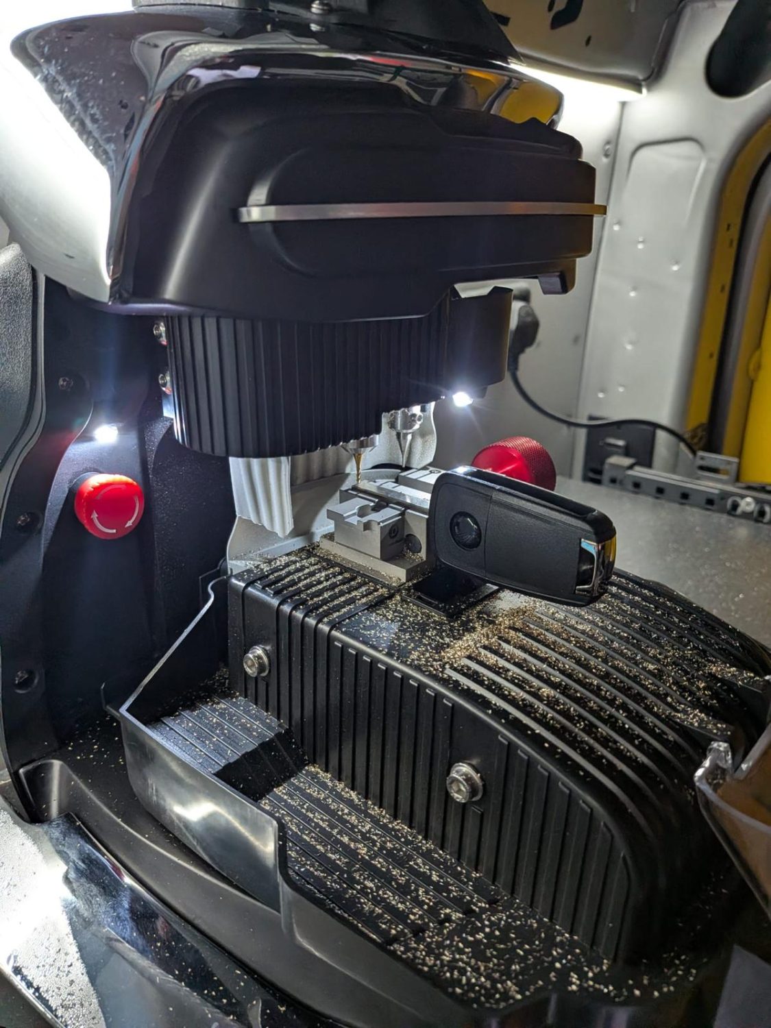 Car key cutting machine mounted inside the BW Keys mobile locksmith van in Kent